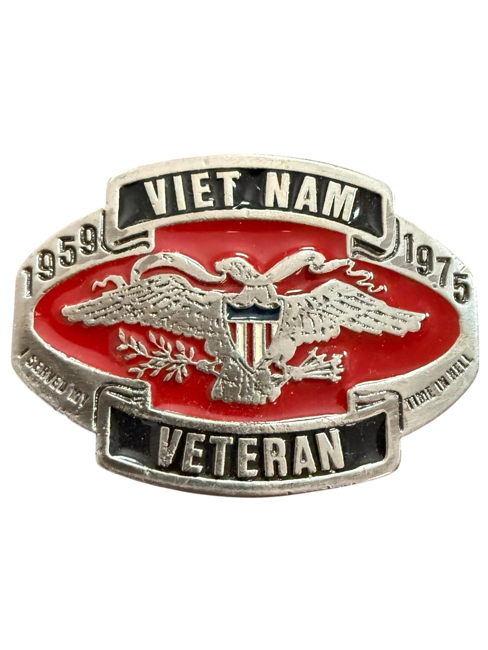 Vietnam Veteran Eagle Enamel Belt Buckle - Red, Black and Silver Vintage